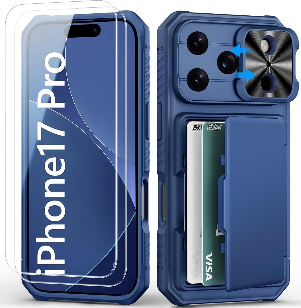 for iPhone 17 Pro Case Wallet with Screen Protector (Tempered Glass), Slide Camera Cover, Military Grade Drop, Card Holder (4-5 Cards), Heavy Duty Men Women Case for iPhone 17 Pro, Blue