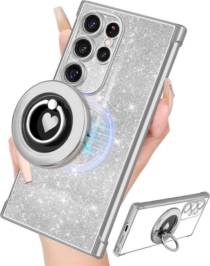 for Samsung Galaxy S22 Ultra Case - Women Cute Glitter Bling Compatible with MagSafe Ring Stand Magnetic Phone Cover Girls Sparkly Luxury Elegance Girly for Samsung S22 Ultra Cases - Silver