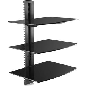 suptek 3 Floating Shelf Wall Bracket with Strengthened Tempered Glass for DVD Players/Cable Boxes/Games Consoles/TV Accessories, 3 Shelves, Black, CS303