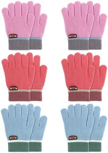 DAQING 6 Pairs of Kids Gloves Knitted Wool Gloves Children Full Fingers Stretchy Warm Mittens for Boys Girls 5-12Y