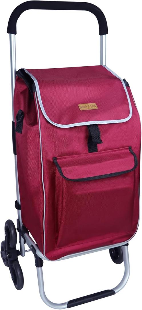 MeetYr Life Grocery Cart Foldable Aluminum Frame Lightweight and Rust-Resistant with Climbing Tricycle Wheels Removable Bag and Luggage Elastic for Supermarkets, Flea Markets(Burgundy)