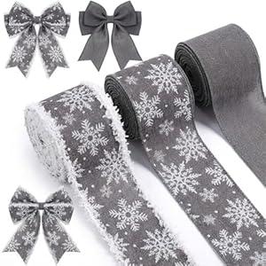 Geosar 3 Rolls 30 Yards Christmas Ribbon Snowflake Wired Ribbon 2.5 Rustic Burlap Christmas Tree Ribbons Linen Xmas Tree Fleece Edge Burlap for Craft Party Gift Wrapping (Gray)