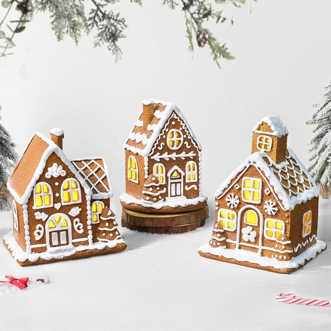 Resin Christmas Decorations: 3Pcs Light-Up Gingerbread House Christmas Village Collectible Figurines, Battery Powered LED Lights, Classic Gifts Swedish Xmas Decorations for Home Table Dcor