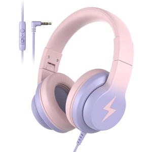 Kids Headphones, Wired Headphones for Kids Over Ear with Microphone, 85/94dB Volume Limiter Headphone for Girls Boys, Foldable Headphone for Learning & Entertainment, Gradient Pink