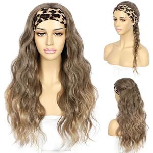 SAPPHIREWIGS Glueless Headband Wig Long Body Wave Wig Synthetic Headband Wigs for Black Women Natural Brown with Blonde Tips Wavy Hair Heat Resistant 26 inch