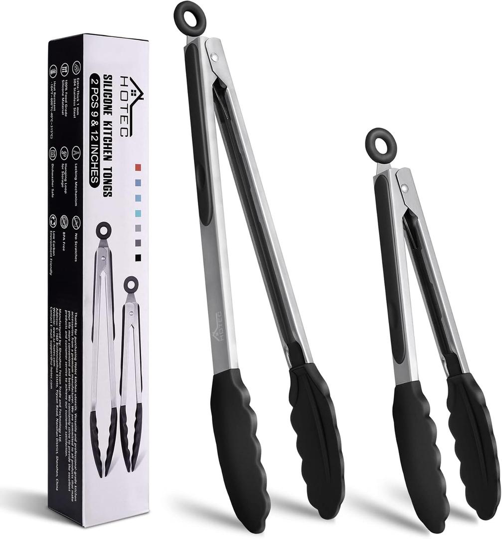 HOTEC Premium Stainless Steel Locking Kitchen Tongs with Silicon Tips, Set of 2-9" and 12" (Black)