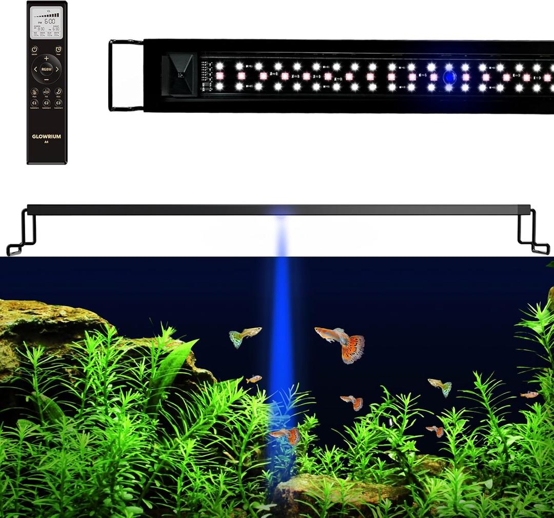 GLOWRIUM LED Aquarium Light with Remote, Full Spectrum Fish Tank Light with Auto Timer, IP67 Waterproof Freshwater Planted Tank Light, Dimmable RGB+W+Moon LEDs with High Performance (12W 18-23inch)