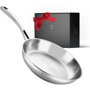 12-Inch Stainless Steel Frying Pan, 5-Ply Clad Base (3+2 Design) | Signature 3+2 layer base, uncoated 316 stainless steel, family-size searing, even heating, induction and oven compatible