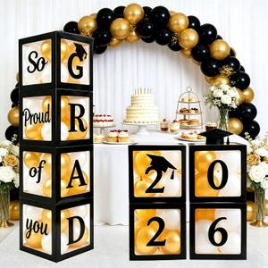 Graduation Decorations 2026 Set of 4 Boxes with 20pcs Balloons and Letters 2026 GRAD So Proud of You - Class of 2026 Party Supplies for High School & College Celebrations