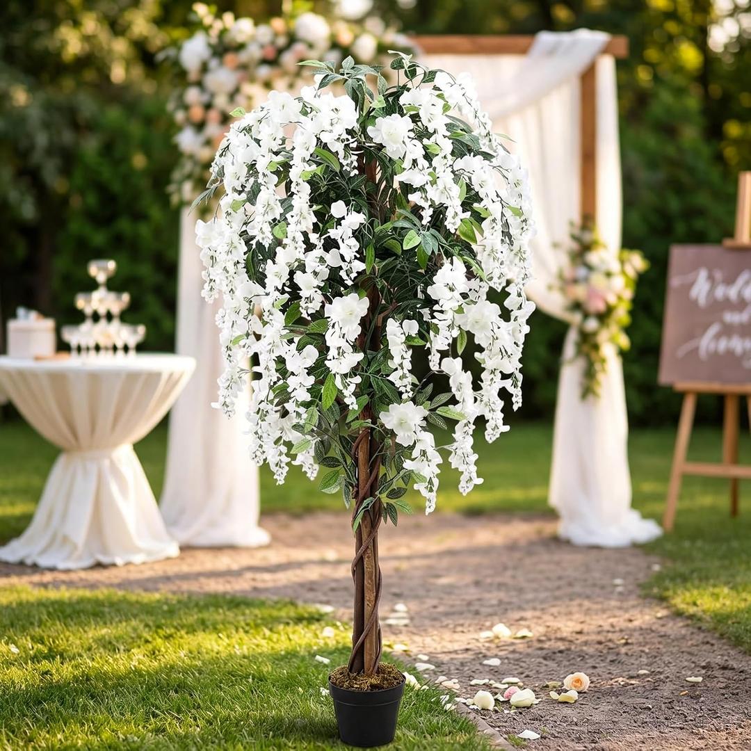 1 Pack 5ft Artificial Wisteria Tree, Tall Faux Flowering Plant, White
Floral Tree with Cement Base Pot, Realistic Decor for Indoor Outdoor Wedding, Reception, Home, Porch and Patio