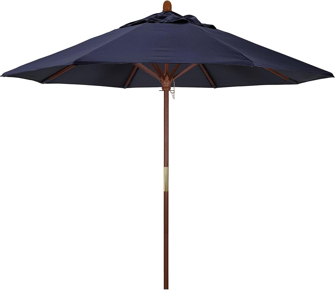 California Umbrella 9' Rd. Wooden Market Umbrella, Push Open Pin Stop , Sunbrella Navy