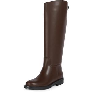 QIY Flat Boots For Women No Heel Brown Faux Leather Chunky Heels Knee High Boots For Women Dressy Low Heel Slip On Round Toe Shoes Chocolate Brown Brown Tall Long Winter Boot Size 11