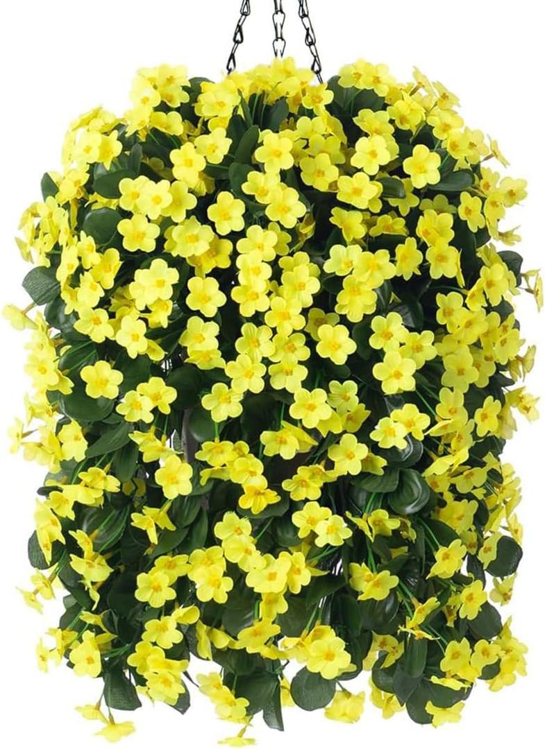 Artificial Faux Hanging Flowers Plants Baskets for Outdoor Outside, Fake Silk Yellow Orchid Trailing Vines in Planter Realistic UV Resistant for Balcony Porch Decor