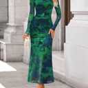 ZESICA Women's Long Sleeve Floral Maxi Dress 2026 Fall Off Shoulder Bodycon Ruched Mesh Cocktail Wedding Guest Dresses (L)