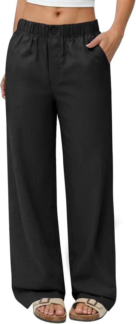 COPYLEAF Linen Pants Women Wide Leg Elastic Waist Flowy Palazzo Casual Pants with Pockets Beach Travel Trousers (Black) M