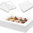 Mefleet 6pcs 19x14x4 Half Sheet Cake Boxes with 6pcs Cake Boards Rectangle 1/2 Sheet Bakery Boxes with Window for Pastry Baking Cake, Cupcakes, Donuts, Cookies, Pie Treat Packaging White Large