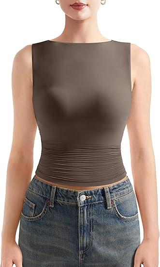 SUUKSESS Women Double Lined Going Out Basic Tank Tops Ruched Summer T Shirts Size XL, Brown