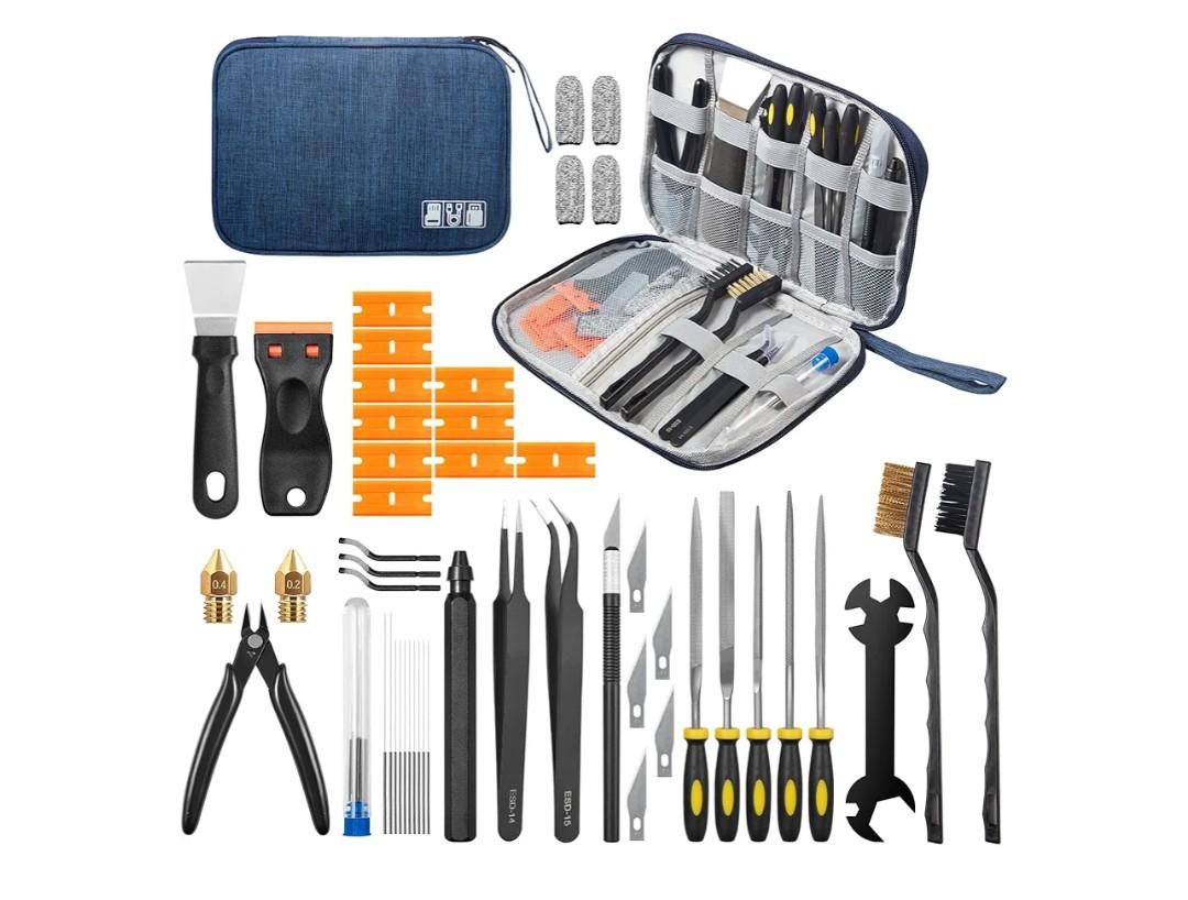 3D Printer Tools Kit, 46Pcs 3D Printer Accessories & Cleaning Kit for All FDM/SLA Printers with Nozzle Cleaner, Scraper, 5 Types Files, Brushes, Wire Cutter, Engraving Knife, Deburring Tool