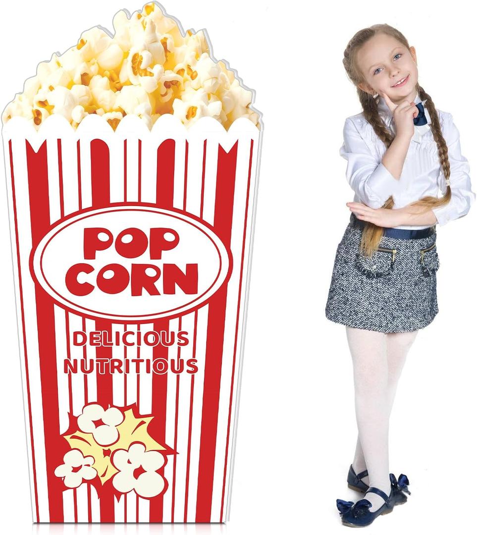 4 Feet Carnival Circus Decoration Popcorn Box Cardboard Cutout Standup Large Striped Red & White Popcorn Box Photo Props Party Back Drops for Movie Night, Carnivals, Theme Party, Circus, Theater