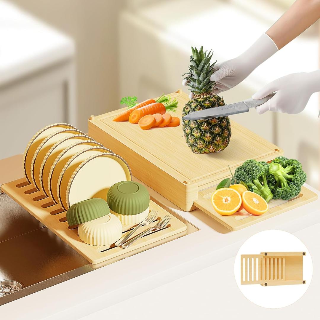 HOUSE AGAIN 16.9" Cutting Board and Dish Drying Rack 2-in-1 for Kitchen, 100% Organic Bamboo Heavy Duty Wood Dishes Organizer Wooden Chopping Board Set with Juice Groove, Included 4 x Silent foot pads