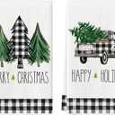 Artoid Mode Buffalo Plaid Truck Trees Kitchen Dish Towels Merry Christmas, 18 x 26 Inch Winter Drying Cloth Tea Towels for Cooking Baking Set of 2 (Black/Beige)