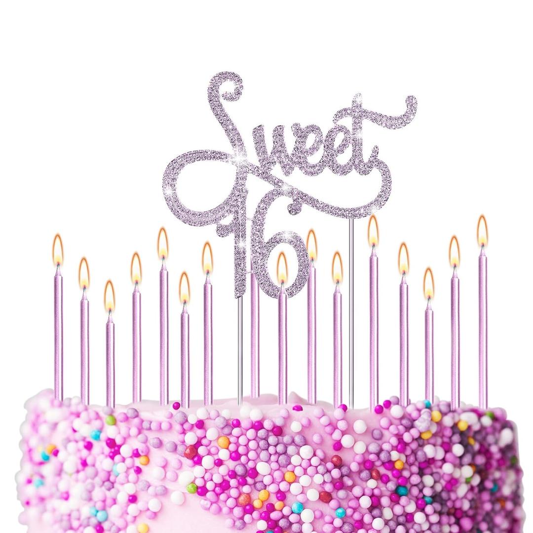 Tondiamo Sweet 16 Birthday Decorations Rhinestone Sweet 16 Cake Toppers 20 Pcs Metallic Happy Birthday Candles 16 Cake Decorations for Cupcake Decor(Purple)