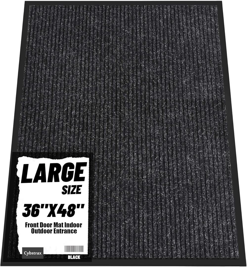 Front Door Mat Indoor Outdoor Entrance, 36" x 48" Dirt Resistant and Absorbent Door Mat, TPR Backing Non-Slip Doormats, Easy to Clean, Low Profile Welcome Floor Mat for Outside Entry (Black Double Stripes)