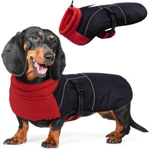 DORA BRIDAL Dachshund Coat, Fleece Lined Dog Winter Coat, Warm Dog Coats with Reflective Strips, Adjustable Waterproof Pet Jacket Clothes, XS (XS(back:11.81"), Red)