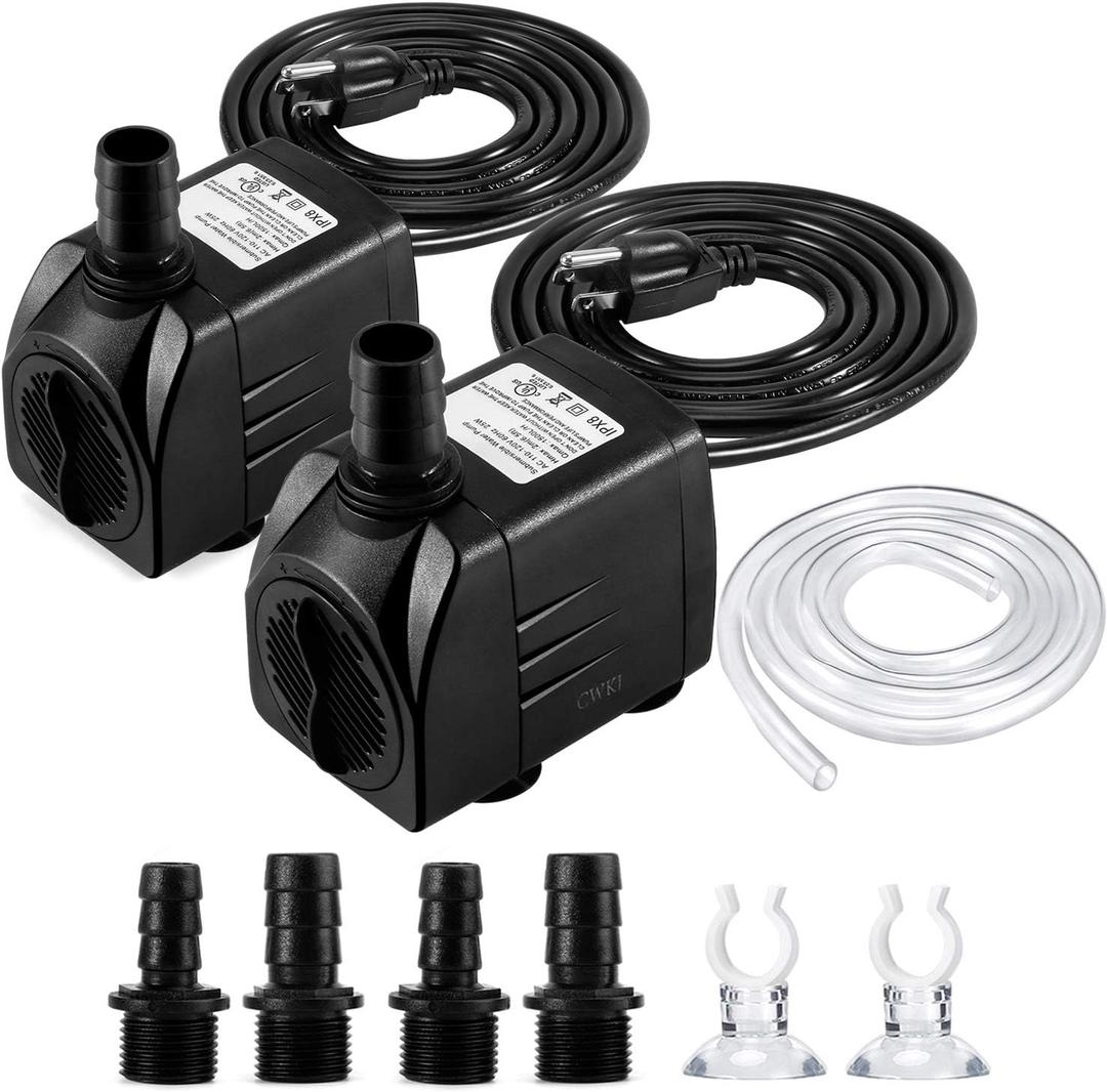 CWKJ Fountain Pump, 2 Packs 400GPH(25W 1500L/H) Submersible Water Pump, Durable Outdoor Fountain Water Pump with 6.5ft Tubing (ID x 1/2-Inch), 3 Nozzles for Aquarium, Pond, Fish Tank, Water Pump
