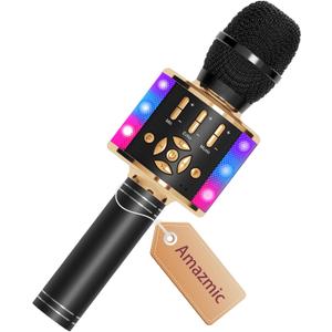 Amazmic Kids Karaoke Microphone Machine Toy Bluetooth Microphone Portable Wireless Karaoke Machine Handheld with LED Lights, Gift for Children Adults Birthday Party, Home KTV(Black Gold)