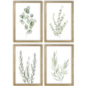 Botanical Wall Decor Sign 16x11 Inch Set of 4 Sage Green Plants Wood Framed For Bathroom Modren Bedroom Aesthetic Watercolor Laundry Room Art Wall Hanging (Wood) (16L" x 11W")