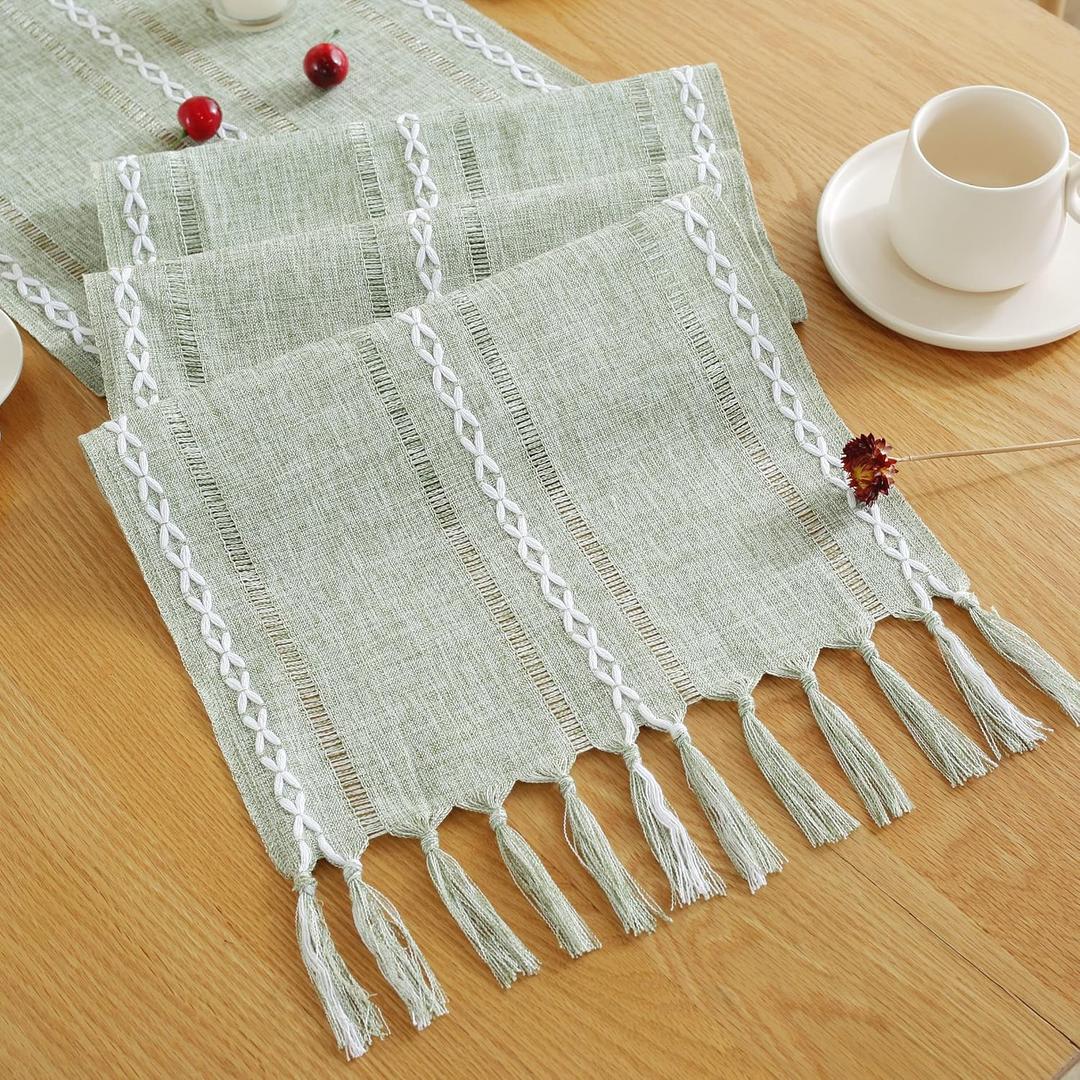 JIALE Table Runner, Rustic Farmhouse Table Runners with Tassels, Boho Cotton Linen Table Runner for Table Decorations, Holiday Party and Wedding, 48 Inches, Sage Green