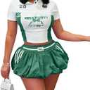 Two Piece Outfits for Women Summer Y2K Going Out Lace Trim Ruched Crop Tops Pleated Bubble Mini Skort Skirt Sets (X-Small, Green)
