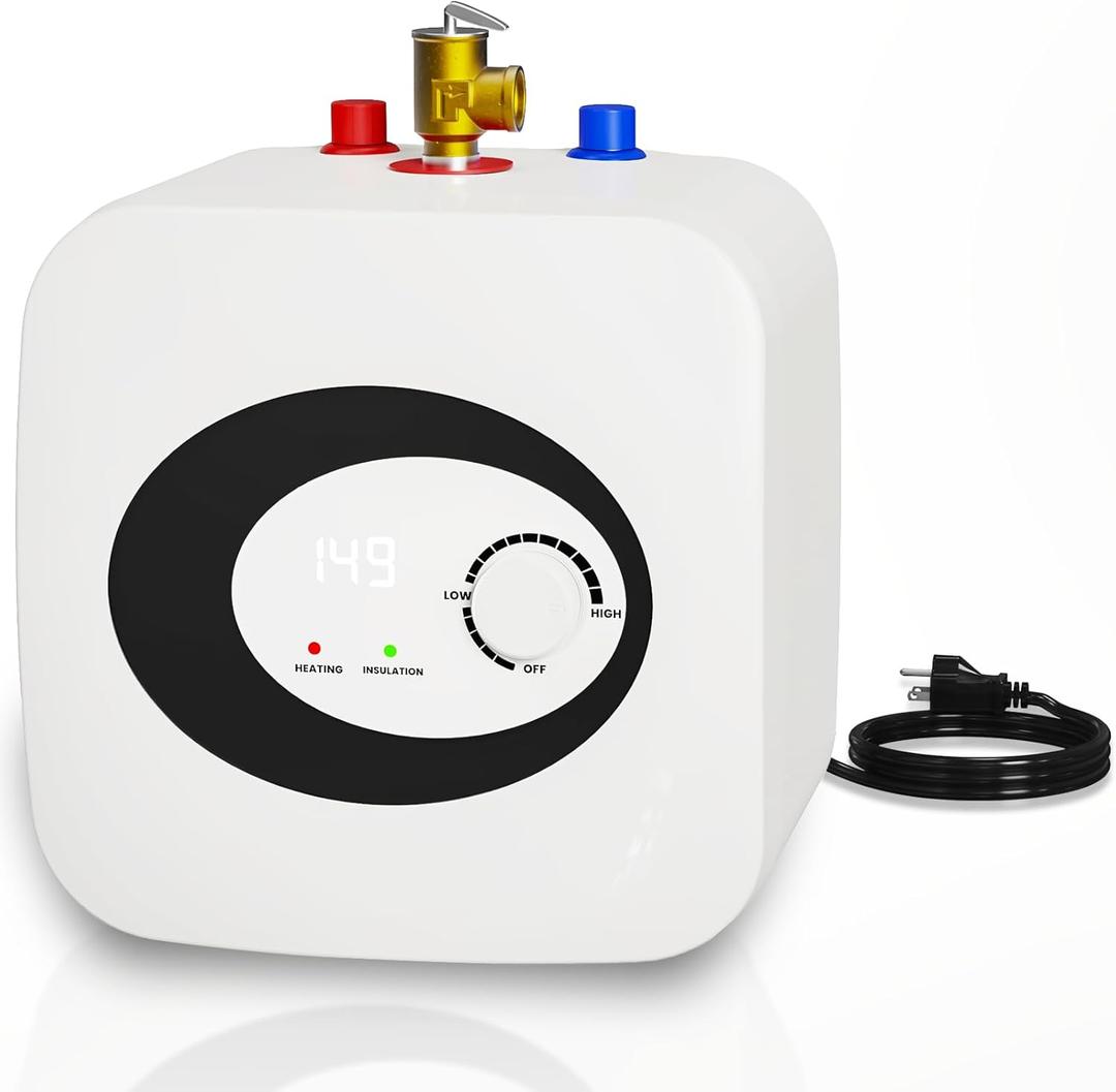 2.5 Gallon Mini Tank Electric Water Heater, 1500W 110V/120V, Under Sink Water Heater with Digital Display & Pressure Relief Valve, Hot water heater for Kitchen Bathroom RV Camper, Includes 2 Hoses