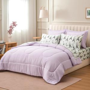ARTALL Queen Bed in a Bag 7 Pieces, Light Purple Solid Comforter with Eiffel Tower Floral Sheet Set, French Chic Style Soft Bedding Sets with Comforter, Sheets, Pillowcases & Shams for All Seasons