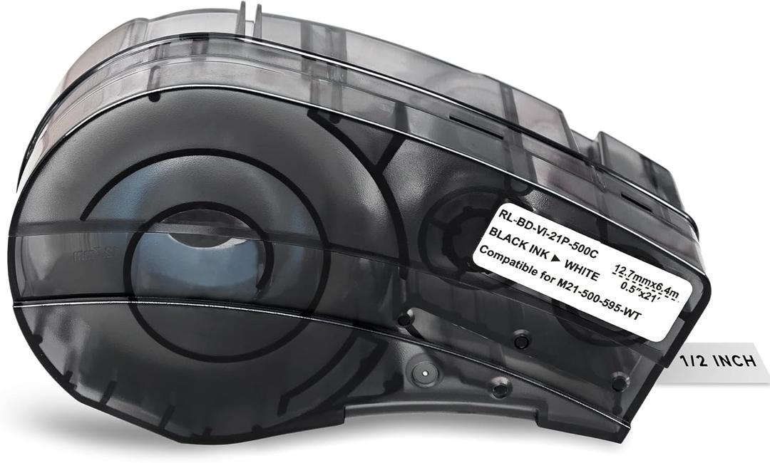 Replacement for Label Tape M21-500-595-WT, All-Weather Vinyl Label 1/2" W 21' L Black on White Compatible with M210 and M210-LAB Printer, for Indoor/Outdoor Labels, 1Pcs