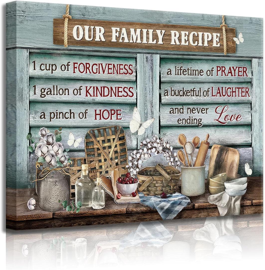 lkjhgf999 Kitchen Canvas Wall Art Retro Rustic Farmhouse Kitchen Pictures Wall Decor Tableware Motivational Farm Kitchen Sign Family Recipe Theme Canvas Prints Artwork for Dining Room Home Decoration (16"L x 24"W)