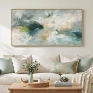 Large Framed Sage Green Abstract Wall Art for Living Room, Modern Teal Horizontal Canvas Prints Paintings Artwork for Walls, Contemporary Pictures Wall Decor for Bedroom Dining Room Office, 30x60 In
