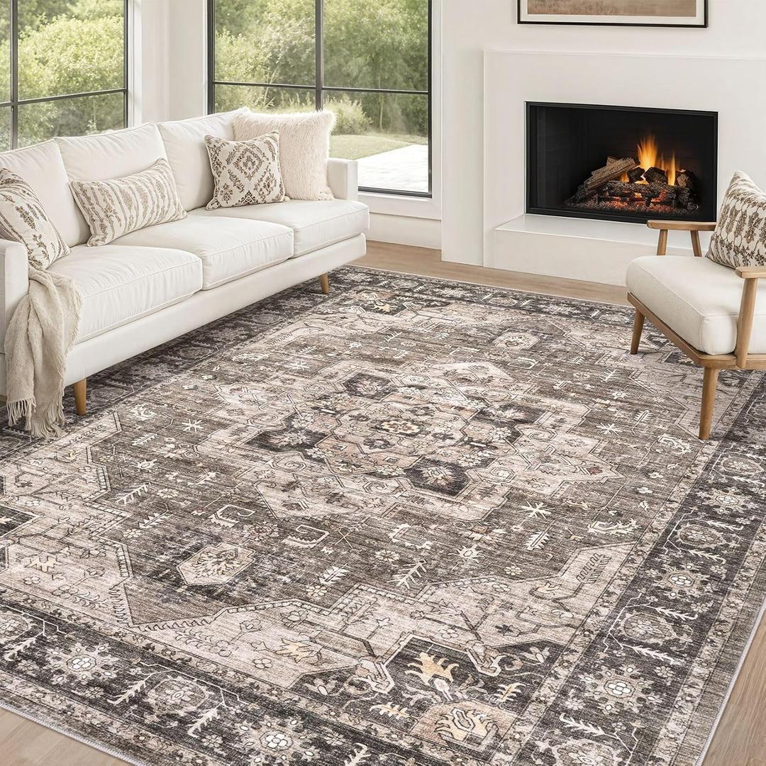 Area Rug 10x14 Washable Vintage - Soft Traditional Rug for Living Room Bedroom Dining Room or Home Office -Non Slip Backing Large Rugs with Low Pile Farmhouse Oriental Retro Carpet - Dark Brown