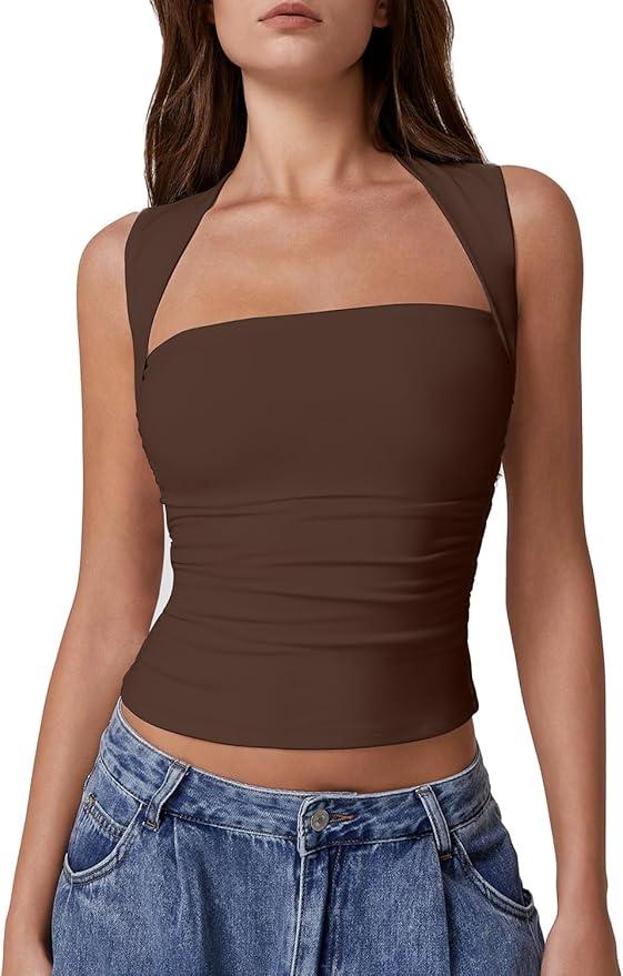 QINSEN Womens Square Neck Tank Tops Side Ruched Double Lined Slim Fit Summer Going Out Crop Top, Size S