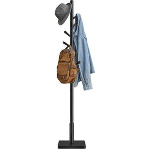 VASAGLE Solid Wood Coat Rack, Free Standing Hall Coat Tree with 8 Hooks, 3 Height Options, for Coats, Hats, Bags, Purses, for Entryway, Hallway, Rubberwood Hooks and Pole, Ink Black