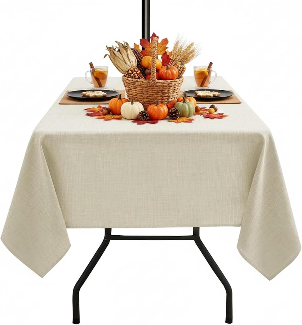 Outdoor Tablecloth with Umbrella Hole - Patio Table Cloth Zippered Square 60x60 Inch, Beige Linen-Look Polyester Table Cover Water Resistant for Picnic Outside