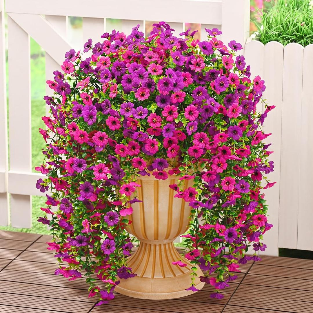 Dolicer 8 Pcs Look Real Artificial Flowers for Outdoors, Realistic Fake Artificial Hanging Flowers for Outdoors UV Resistant Silk Faux Hanging Plants Flowers for Porch Patio Garden (Purple+Fuchsia)