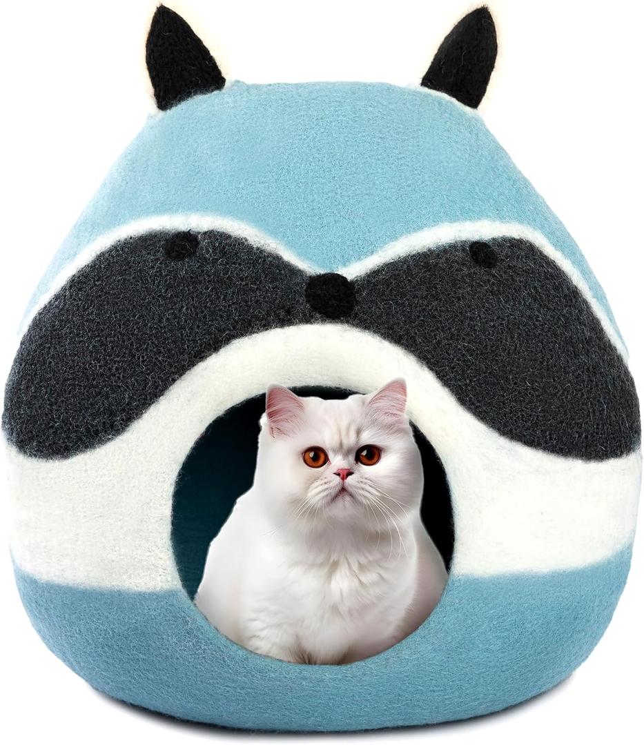 Luxurious Merino Wool Cat Cave - Foldable Hideaway Pod for Indoor Cats - Premium Felt Kitten Pet Enclosure - Covered Cat House for Ultimate Cozy Comfort by Woolygon (Racoon)