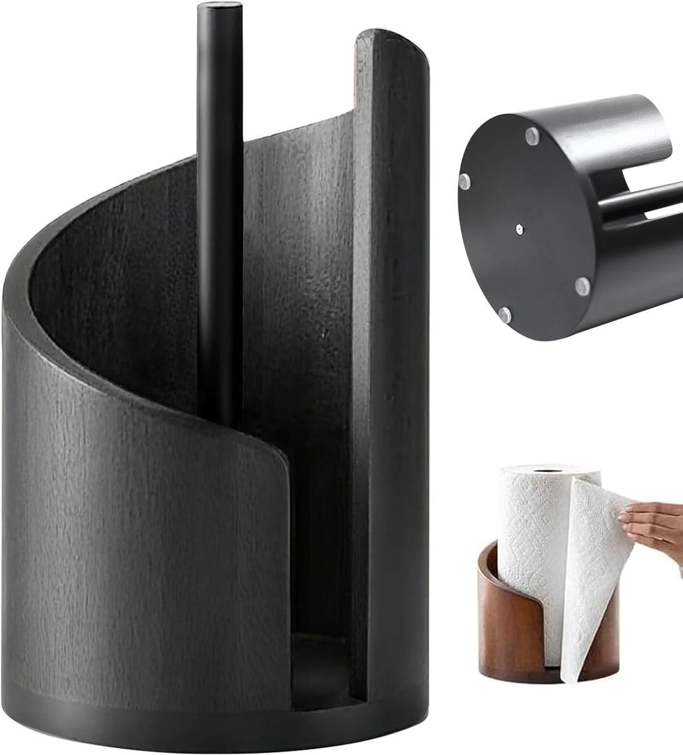 Wooden Paper Towel Holder Countertop with Mango Wood Round Base(Non-Slip Rubber Dots), Effortless Tearing, Modern Countertop Wood Paper Towel Holders for Living Room, Kitchen (Black)