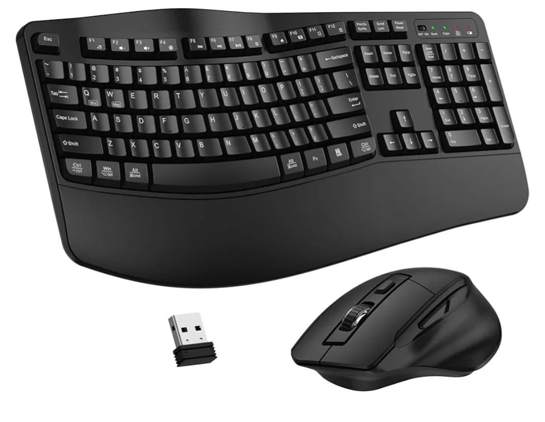Wireless Keyboard and Mouse Combo, 2.4G Full Size Wave Keys Ergonomic Keyboard with Wrist Rest and 3-Level DPI Adjustable Wireless Ergonomic Mouse for Windows, Mac OS Desktop/Laptop/PC(Black)