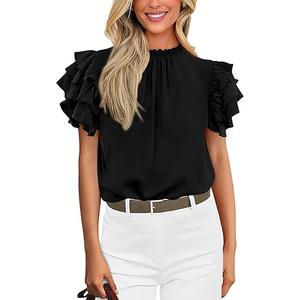 KIRUNDO Womens Blouse 2025 Spring Summer Dressy Casual Ruffle Short Sleeve Frill Mock Neck Work Shirt Tops Fashion Clothing S
