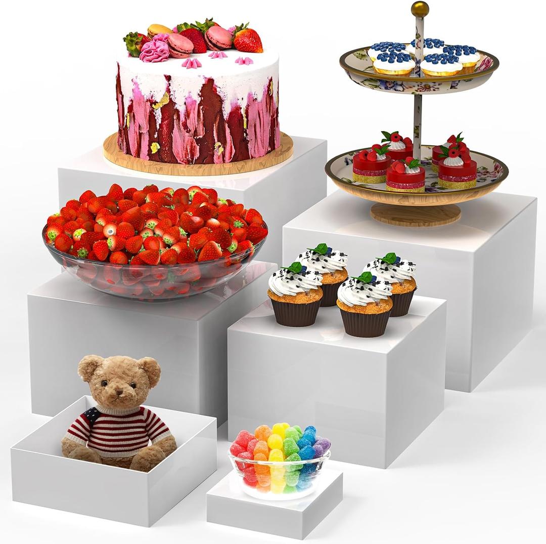6 PCS Buffet Risers, Food Risers for Buffet Table, Display Stand Shelf for Party, Catering, Jewelry & Collectibles, White Acrylic Nesting Boxes for Food Display (8" 7" 6" 5" 4" 3")