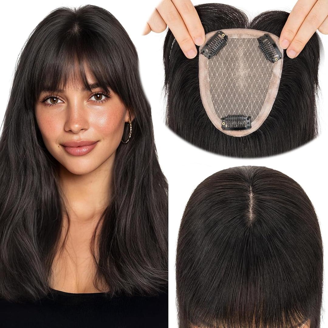Elailite Hair Toppers for Women Real Human Hair Topper with Bangs Thinning Thin 9 * 12CM Silk Base Clip in Remy Hairpieces Hand-Tied 12 Inch Natural Black
