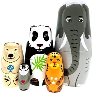 Elephant Panda Nesting Dolls - Cute Animal Matryoshka Doll Handmade Wooden Dolls for Children Christmas Birthday Decoration Halloween Wishing Gift,Set of 5